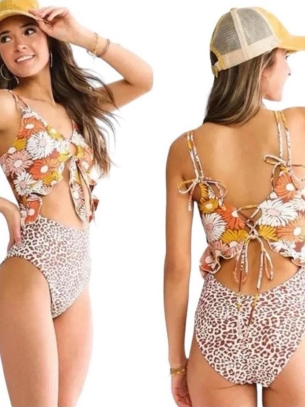 P2F Carly Floral Leopard Cutout One Piece Swimsuit S